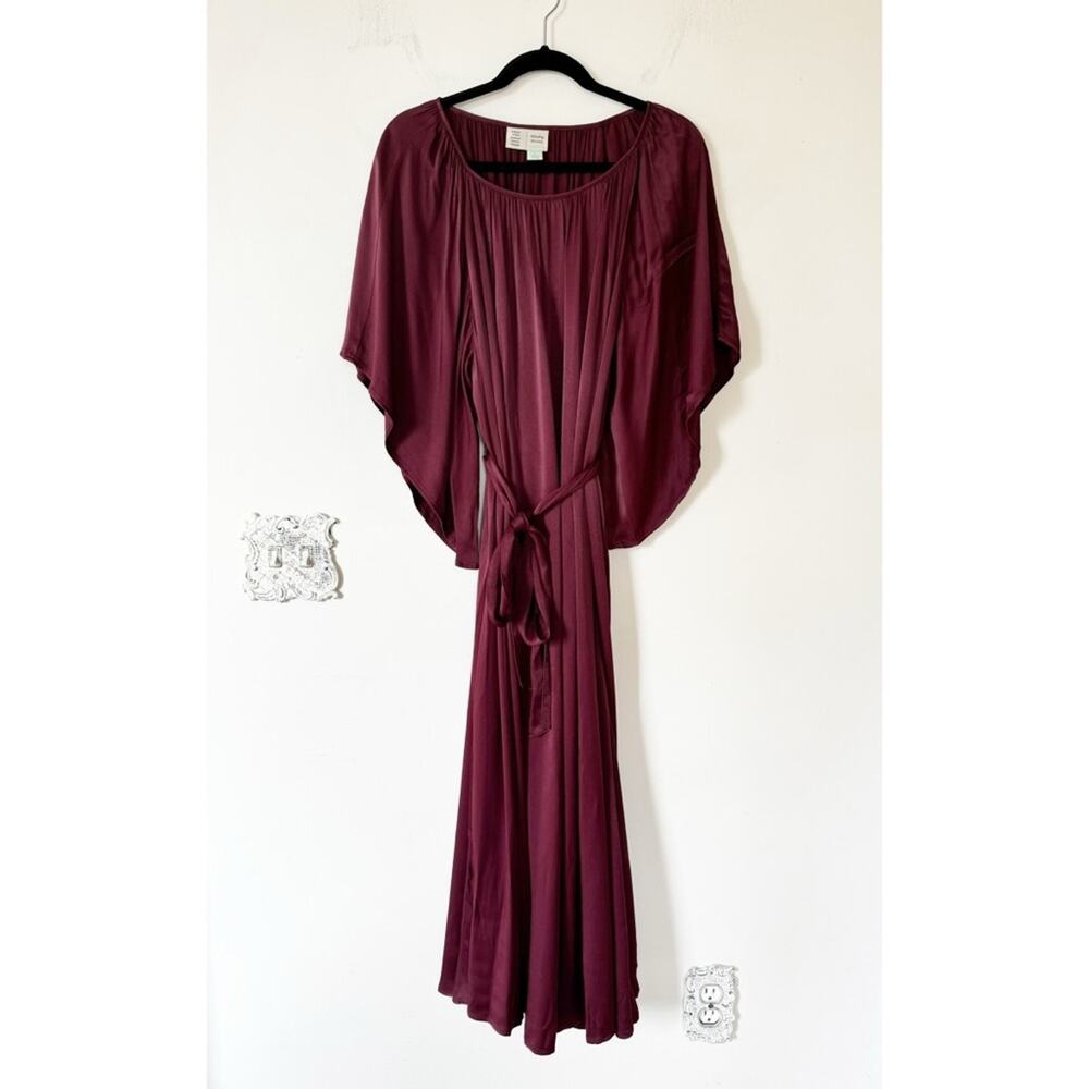 Anthropologie Cecile Wine Kimono Sleeve Satin Draped Maxi Dress Tie Waist S - Picture 5 of 13